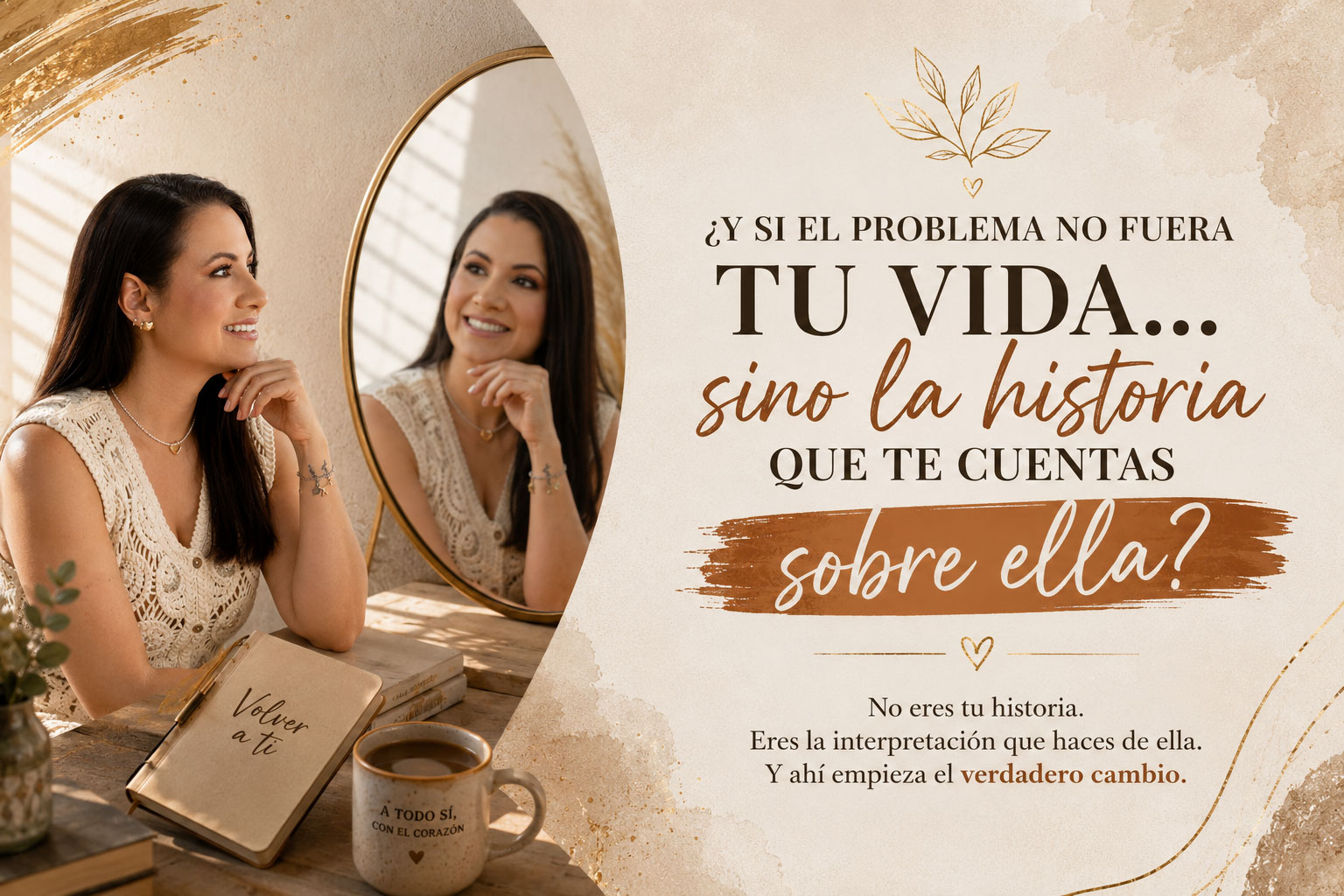 Mujer frente a un espejo reflexionando sobre la historia que se cuenta acerca de su vida.